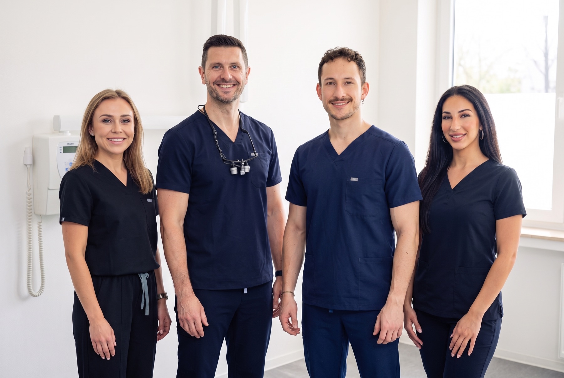 Das Praxisteam: Matthias Srebrzynski mit Ana, Basti und Serena